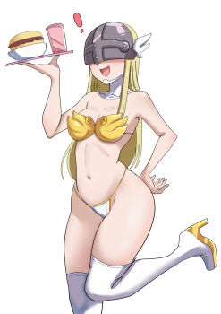 Rule 34 | 1girl, angewomon, bare shoulders, boots, breasts, collarbone, covered eyes, digimon, digimon (creature), digimon adventure, female focus, hand on own hip, head wings, helmet, helmet over eyes, highres, open mouth, pabsmikan, panties, plate, simple background, small breasts, thigh boots, underwear, white background, wings