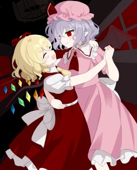 2girls ascot back_bow bat_wings blonde_hair blush bow chimi_(s2yuyukos2) collared_shirt commentary crystal crystal_wings dancing flandre_scarlet frilled_shirt_collar frilled_skirt frills hat hat_ribbon highres holding_hands mob_cap multicolored_wings multiple_girls open_mouth pink_hat pointy_ears puffy_short_sleeves puffy_sleeves purple_hair red_ascot red_eyes red_skirt red_vest remilia_scarlet ribbon shirt short_sleeves siblings sisters skirt skirt_set smile touhou vest white_bow white_shirt wings yellow_ascot