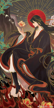 1boy bird black_boots black_hair black_hanfu boots chenqing_flute chinese_clothes chinese_commentary commentary_request diaomaoxiaoheidaoliangquanban dizi faceless faceless_male fire floating_hair flower flute flute_tassel from_side full_body hair_ribbon halo hand_up hanfu highres holding holding_flower holding_flute holding_instrument instrument leaf long_hair long_sleeves lotus male_focus modao_zushi mountain official_alternate_hairstyle painterly pants profile red_flower red_ribbon red_sash ribbon robe sash sidelocks sitting solo sun tassel transverse_flute very_long_hair watermark wei_wuxian wei_wuxian_(yiling_laozu) weibo_watermark white_bird white_pants wide_sleeves zhongguo_hua
