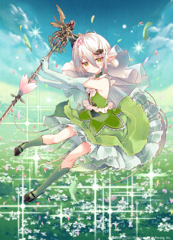 1girl arikawa_satoru blue_sky character_request commentary_request dress elbow_gloves fantasy field flat_chest flower flower_field full_body gloves grey_hair highres holding holding_staff looking_at_viewer mary_janes official_art outdoors petals pointy_ears shoes sky smile solo sparkle staff wind yellow_eyes z/x
