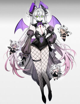 4girls alternate_costume animal_ears black_hands body_markings breasts cleavage closed_eyes colored_extremities commentary_request crossed_bangs dark-skinned_female dark_skin demon_girl demon_horns demon_wings detached_collar detached_sleeves diandao_qin drei_(fate) ear_piercing eins_(fate) fake_animal_ears fate/grand_order fate_(series) fishnet_pantyhose fishnets full_body green_eyes grey_hair highres horns leotard lilith_(fate) long_hair looking_at_viewer medium_hair multiple_girls orange_eyes pantyhose piercing pointy_ears purple_eyes rabbit_ears short_hair smile twintails very_long_hair wings zwei_(fate)