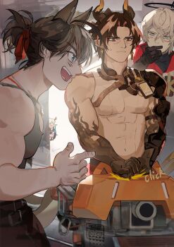 2girls 3boys absurdres animal_ears arknights black_halo blush cat_boy cat_ears chinese_commentary chongyue_(arknights) commentary_request dragon_boy dragon_girl dragon_horns dragon_tail dusk_(arknights) executor_(arknights) executor_the_ex_foedere_(arknights) halo highres horns male_focus multiple_boys multiple_girls muscular muscular_male nian_(arknights) pointy_ears sound_effect stainless_(arknights) tail taodao0213 turret