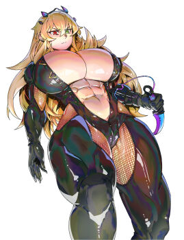 1girl abs absurdres barghest_(exhibition_attire)_(fate) barghest_(fate) biceps black_bodysuit black_gloves blonde_hair bodysuit breasts center_opening commentary english_commentary fate/grand_order fate_(series) fur_collar gloves green_eyes heterochromia highres horns huge_breasts knife long_hair looking_at_viewer minew muscular muscular_female navel red_eyes thick_thighs thighs