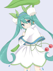 Rule 34 | 1girl, absurdres, blue eyes, blue hair, blush, capelet, dress, flower, from behind, hairband, hatsune miku, headphones, highres, hiiro (user vdcz7842), holding, leaf umbrella, lily of the valley, long hair, looking at viewer, looking back, parted lips, solo, twintails, very long hair, vocaloid, yuki miku, yuki miku (2015)