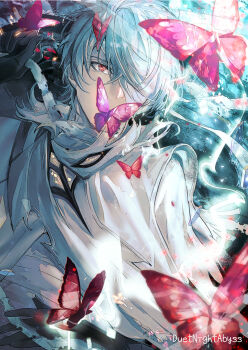 1boy arm_up black_gloves bug butterfly chinese_commentary cloak commentary_request copyright_name covered_mouth duet_night_abyss expressionless eyepatch gloves hair_ornament highres insect magic on_ground one_eye_covered phoxhunter_(duet_night_abyss) red_eyes shirt the_boy_in_the_dream_(duet_night_abyss) tsuki_usagi white_cloak white_hair white_shirt