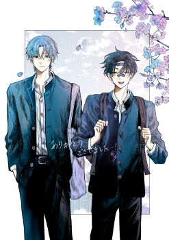 Rule 34 | 2boys, :d, ^ ^, absurdres, analogous colors, backpack, bag, bandaid, bandaid on face, bandaid on forehead, bandaid on nose, black eyes, black hair, black pants, blue flower, blue hair, buttons, cherry blossoms, closed eyes, closed mouth, cloud, cloudy sky, collared shirt, commentary request, cool colored, cowboy shot, curtained hair, dress pants, dress shirt, ear piercing, ending celebration, falling petals, floral background, flower, forehead, gakuran, hand in pocket, hatching (texture), high contrast, highres, holding strap, jacket, light smile, limited palette, linear hatching, long sleeves, looking at viewer, male focus, middle part, multiple boys, multiple piercings, open clothes, open collar, open jacket, open mouth, pants, petals, piercing, purple flower, satsuki yui (shigatsu tsuitachi no ame), school bag, school uniform, screentones, shigatsu tsuitachi no ame, shirt, short hair, shoulder bag, side-by-side, sky, smile, standing, straight-on, thank you, translation request, very short hair, watanuki haru, white shirt, winter uniform, yujo kei
