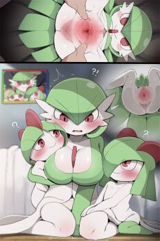 Rule 34 | ?, anus, blush, breasts, closed mouth, colored skin, commentary, dagasi, gardevoir, gen 3 pokemon, green hair, green skin, hair between eyes, highres, kirlia, large breasts, multicolored skin, multiple girls, nintendo, pokemon, pokemon (creature), pokephilia, pussy, ralts, red eyes, sex doll, sitting, smile, spread pussy, tagme, two-tone skin, voodoo doll, white skin