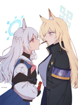 2girls absurdres animal_ear_fluff animal_ears armband blue_archive blue_armband blue_eyes blue_halo blue_necktie blush bow breasts collared_shirt dog_ears dog_girl hair_over_one_eye halo highres jacket kanna_(blue_archive) long_hair long_sleeves miyako_(blue_archive) multiple_girls necktie notched_ear police police_uniform policewoman selenium_(reg_no_06089) sharp_teeth shirt skirt teeth white_background yuri