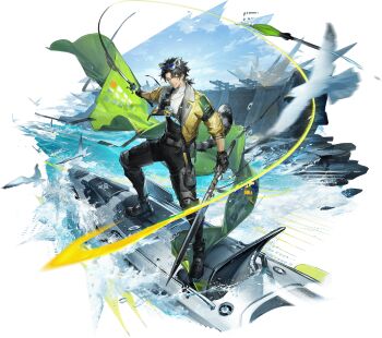 Rule 34 | 1boy, aircraft, airplane, alesh (arknights), animal ears, arknights, arknights: endfield, bird, black boots, black gloves, black hair, black pants, boots, eyewear on head, fingerless gloves, flag, full body, gloves, goggles, goggles on head, highres, holding, holding flag, holding sword, holding weapon, jacket, liduke, looking at viewer, male focus, military vehicle, official art, open clothes, open jacket, pants, pouch, raccoon boy, raccoon ears, raccoon tail, ship, shirt, short hair, sky, smile, solo, standing, sunglasses, sword, tail, thigh pouch, transparent background, warship, water, watercraft, weapon, white background, white shirt, yellow jacket