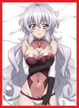 1girl artist_request border breasts dolphin_wave grey_hair highres large_breasts navel purple_eyes red_border senki_zesshou_symphogear solo source_request tagme yukine_chris yukine_chris_(another)