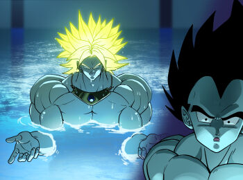 2boys black_eyes black_hair blank_eyes blonde_hair broly_(dragon_ball_z) chainsaw_man dragon_ball dragonball_z heydove highres male_focus multiple_boys muscular muscular_male open_mouth parody partially_submerged pool scene_reference spiked_hair super_saiyan water wet wet_hair widow's_peak