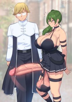 1boy 1futa allurmilk alternate_breast_size_(larger) ball_bra black_dress black_pants blonde_hair blurry blurry_background breasts censored choker cleavage commentary_request cropped_legs dress erection futa_with_male futanari glasses green_hair highres huge_breasts huge_penis huge_testicles land_(sousou_no_frieren) looking_at_another mosaic_censoring o-ring o-ring_choker opaque_glasses outdoors pants penis penis_awe public_indecency public_nudity purple_eyes sagging_testicles shirt side_ponytail sousou_no_frieren standing testicles ubel_(sousou_no_frieren) veins veiny_penis white_shirt
