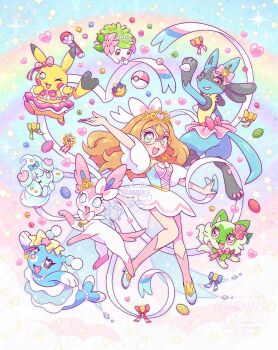 3girls alcremie alcremie_(love_sweet) alcremie_(salted_cream) artist_self-insert atom_palace award_ribbon bow brionne commentary cosplay_pikachu digitigrade dress english_commentary furry furry_female gen_1_pokemon gen_4_pokemon gen_6_pokemon gen_7_pokemon gen_8_pokemon glasses glitter gracidea green_eyes heart hedgehog highres jewelry legendary_pokemon long_hair looking_at_viewer love_ball lucario multiple_girls mythical_pokemon necklace nintendo orange_hair pikachu pikachu_pop_star poffin poke_ball pokeblock pokeblock_case pokemon pokemon_(creature) princess ribbon round_eyewear shaymin smile sprigatito sylveon tiara watermark yume_kawaii