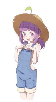 1girl :3 :d bare_arms bare_shoulders blue_overalls blunt_bangs blush cropped_legs hands_up hat highres long_hair looking_at_viewer low_ponytail naked_overalls onion_(tamanegi) open_mouth original overalls ponytail purple_eyes purple_hair raised_eyebrows short_ponytail simple_background smile solo standing straight_hair straw_hat tearing_up teeth upper_teeth_only white_background