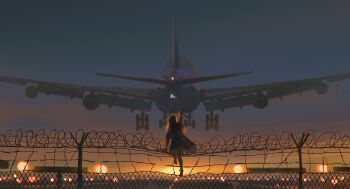 1girl aircraft airplane alzi_xiaomi anklet barefoot boeing_747 brown_hair cityscape climbing dress facing_away female_focus fence highres jewelry long_hair original outdoors pale_skin paper_airplane plane solo solo_focus sunset