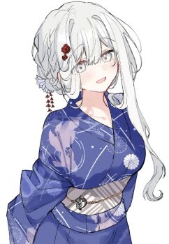 1girl blue_kimono blush braid cowboy_shot eyes_visible_through_hair flower fuyukawa_kagari hair_between_eyes hair_flower hair_intakes hair_ornament hakanai_kimi_wa_moukou_wo_hajimeru japanese_clothes kazutake_hazano kimono long_sleeves obi open_mouth print_kimono red_flower sash short_hair_with_long_locks simple_background smile solo white_background white_eyes white_flower white_hair white_sash