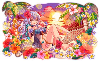 ankle_flower anklet aqua_bikini aqua_flower aqua_ribbon aqua_rose artist_request bare_arms bare_legs bare_shoulders barefoot beach bikini black_bikini black_ribbon black_straps blue_sky butterfly_ornament cel_shading choker clam_shell cloud coconut coconut_tree crash_fever flower flower_bikini full_body game_cg gold_anklet grey_eyebrows grey_hair hair_between_eyes hair_flower hair_ornament hammock hibiscus horizontal-striped_ribbon janghwa_(crash_fever) jewelry knees_together_feet_apart leaf light_rays long_hair lying midriff neck_flower ocean official_art on_hammock open_mouth orange_flower orange_sky outline palm_leaf palm_tree pink_flower plumeria raised_eyebrows red_outline red_water ribbon ribbon_choker rose sand saturated see-through_clothes sidelocks sky solo sparkle starfish sun sunset swimsuit tachi-e thigh_strap transparent_background tree very_long_hair white_flower wrist_flower wrist_straps yellow_flower yellow_rose
