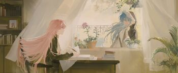 Rule 34 | 2girls, absurdres, arknights, bag, black jacket, blue eyes, blue hair, book, book stack, bookshelf, commentary, curtains, exusiai (arknights), exusiai (young) (arknights), fern, flower, fur-trimmed hood, fur trim, g xio111, hair flowing over, highres, holding, holding paper, holding quill, hood, hood up, indoors, jacket, lemuen (arknights), long hair, long sleeves, looking at another, looking inside, looking outside, messenger bag, mostima (arknights), multiple girls, open window, paper, picture frame, pink eyes, pink hair, plant, potted plant, profile, quill, shirt, shoulder bag, sitting, smile, symbol-only commentary, table, tablecloth, very long hair, white shirt, window