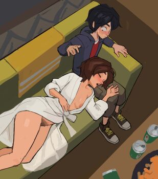 1boy 1girl absurdres amugea big_hero_6 breasts brown_hair cass_hamada coat couch covered_erect_nipples female_pubic_hair highres hiro_hamada marvel mature_female medium_breasts medium_hair naked_coat nipple_slip nipples no_panties on_couch pubic_hair sleeping white_coat