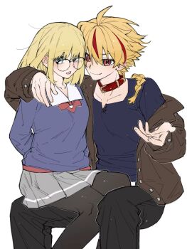 Rule 34 | 1boy, 1girl, animal collar, arms behind back, black pantyhose, blonde hair, blue cardigan, blue eyes, braid, cardigan, collar, daydream (shyou yu), fate/strange fake, fate (series), glasses, grey skirt, hand on another's shoulder, hashtag-only commentary, highres, invisible chair, long hair, looking at viewer, pantyhose, pleated skirt, red eyes, red streaks, richard i (fate), sajou ayaka (fate/strange fake), short hair, simple background, sitting, sitting on lap, sitting on person, skirt, smile, white background