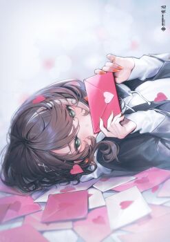 1girl absurdres asu_(sinsekai) black_jacket blush brown_hair character_name commentary_request copyright_logo envelope green_eyes hair_ornament heart heart_hair_ornament highres holding holding_envelope hood hoodie jacket kamitsubaki_studio letter logo looking_at_viewer love_letter lying m2ssvf medium_hair on_back orange_nails second-party_source sideways sinsekai_record solo swept_bangs virtual_youtuber white_hoodie x_hair_ornament