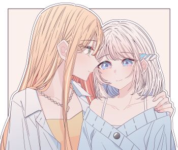 2girls absurdres blue_eyes blue_ribbon blue_sweater border braid camisole closed_mouth commentary_request gakuen_idolmaster green_eyes hair_ribbon half_up_braid hand_on_another's_shoulder highres idolmaster jewelry katsuragi_lilja kousaka_0v0 long_hair mole mole_under_eye multiple_girls necklace orange_hair outline ribbon ribbon_braid shirt shiun_sumika smile sweater white_border white_hair white_outline white_shirt yellow_camisole yuri