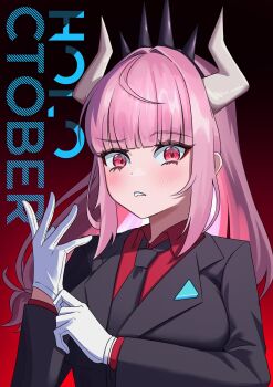 1girl absurdres adjusting_clothes adjusting_gloves alternate_costume black_jacket black_necktie blush breasts cosplay demon_girl demon_horns formal_clothes gloves helltaker highres hololive hololive_english horns jacket large_breasts long_hair long_sleeves looking_at_viewer lucifer_(helltaker) lucifer_(helltaker)_(cosplay) mori_calliope necktie pink_eyes pink_hair red_eyes red_shirt shirt simple_background solo specwamen suit virtual_youtuber white_horns