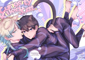 2boys animal_ears barefoot blonde_hair blue_eyes blue_hair blue_lock blue_lock_bodysuit cat_boy cat_ears cat_tail commentary_request feet hair_between_eyes isagi_yoichi looking_at_viewer lying_on_person male_focus michael_kaiser multicolored_hair multiple_boys rkgktbr streaked_hair tail two-tone_hair yaoi