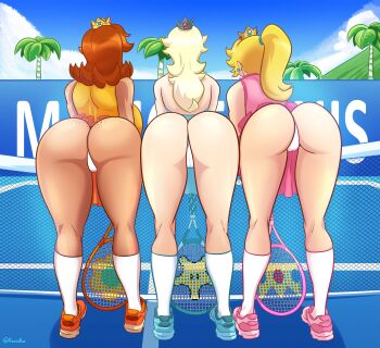 3girls ass ass_freckles back backboob blonde_hair body_freckles breasts brown_hair clothes crown ear_piercing from_behind highres kneepits kogeikun large_breasts legs long_hair looking_back mario_(series) mario_tennis mario_tennis_aces multiple_girls nintendo panties piercing ponytail princess_daisy princess_peach racket rosalina socks sportswear tennis_court tennis_net tennis_racket tennis_uniform thighs underwear upskirt white_panties