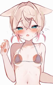 1girl @_@ absurdres against_glass animal_ears bikini blonde_hair blue_eyes blush breast_press breasts breasts_on_glass dog_ears dog_girl highres hololive hololive_english looking_at_viewer low_twintails meiwowowo mococo_abyssgard navel open_mouth pink_nails pink_streaks simple_background small_breasts solo sweat swimsuit twintails virtual_youtuber white_background white_bikini