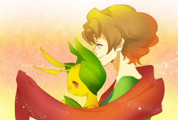 1boy blush brown_hair burgh_(pokemon) gen_5_pokemon gym_leader leavanny nintendo pokemon pokemon_(creature) sparkle