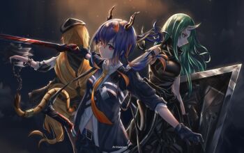3girls anhao1224 arknights artist_name bare_shoulders black_gloves black_shirt black_shorts blonde_hair blue_hair ch&#039;en_(arknights) chinese_commentary collared_shirt commentary_request dragon_girl dragon_horns dragon_tail from_behind gloves green_hair horns hoshiguma_(arknights) jacket long_hair multiple_girls necktie orange_necktie red_eyes shirt shorts sidelocks single_horn skin-covered_horns swire_(arknights) tail tail_ornament tail_ring tiger_girl tiger_tail upper_body white_shirt