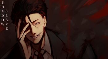 1boy :d absurdres black_coat black_hair coat collared_shirt copyright_name covering_one_eye cracked_skin grin hair_slicked_back highres logicsterrr looking_to_the_side male_focus mordret_(shadow_slave) necktie open_mouth red_necktie shadow_slave shirt short_hair smile solo upper_body white_eyes white_shirt