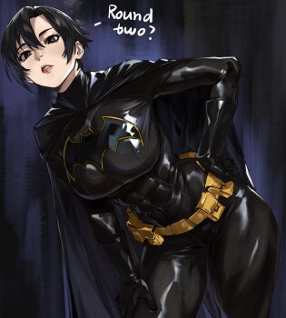 1girl abs absurdres batgirl batman_(series) batman_symbol belt black_bodysuit black_cape black_eyes black_gloves black_hair bodysuit breasts cape cassandra_cain commentary_request dc_comics english_text gloves hair_between_eyes highres large_breasts long_sleeves looking_at_viewer parted_lips short_hair solo superhero_costume taiyang_yu yellow_belt