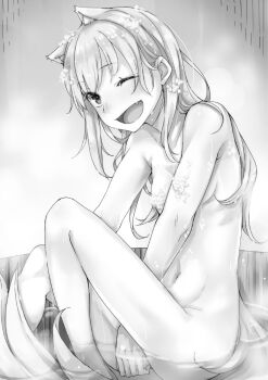 1girl ;d animal_ears ayakura_juu between_legs breasts collarbone completely_nude convenient_arm convenient_censoring fang greyscale hand_between_legs highres loli long_hair monochrome myuri_(spice_and_wolf) novel_illustration nude official_art one_eye_closed open_mouth small_breasts smile soap_bubbles soap_censor solo spice_and_wolf straight_hair tail wolf_and_parchment wolf_ears wolf_girl wolf_tail