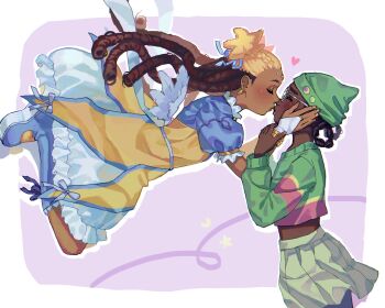 2girls aika_(kiana_mai) beanie black_hair blonde_hair blue_boots blue_dress boots braid bridal_gauntlets closed_eyes commentary dark-skinned_female dark_skin double_bun dress earrings english_commentary glasses green_hat green_skirt green_sweater hair_bun hair_rings hat heart highres i_don't_want_to_be_a_magical_girl jewelry kinky_hair kiss kiwiteamlp long_sleeves multicolored_hair multiple_girls puffy_short_sleeves puffy_sleeves purple_background short_sleeves skirt star_guardian:_guardian_of_the_stars sweater two-tone_hair yellow_dress yuri zira_(kiana_mai)