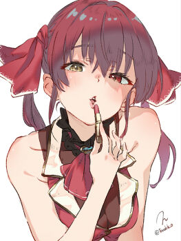 1girl applying_lipstick applying_makeup bare_shoulders breasts cleavage heterochromia hololive houshou_marine houshou_marine_(1st_costume) jacket large_breasts leotard leotard_under_clothes lipstick long_hair looking_at_viewer makeup red_eyes red_hair red_jacket see-through_clothes sleeveless sleeveless_jacket solo torokko twintails upper_body virtual_youtuber yellow_eyes