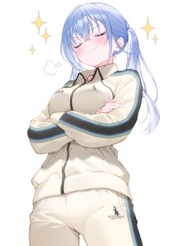 1girl arms_under_breasts blue_hair blush breasts closed_eyes commentary crossed_arms doyagao highres idolmaster idolmaster_shiny_colors jacket long_hair long_sleeves medium_breasts pants partially_unzipped puff_of_air shirasato_(phzm8733) simple_background smug solo sparkle suzuki_hana track_jacket twintails v-shaped_eyebrows white_background white_jacket white_pants