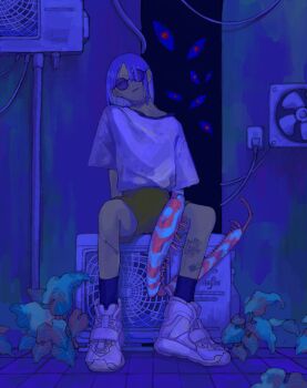 1girl air_conditioner ankle_socks arthropod_girl arthropod_limbs blue-tinted_eyewear blue_background blue_eyes blue_hair blue_shirt blue_shoes blue_socks blue_theme commentary_request condenser_unit eyeball full_body green_shorts highres huyu_pm04 leg_tattoo looking_at_viewer mantis_girl muted_color open_mouth original outdoors plant round_eyewear shirt shoes short_hair shorts sitting sneakers socks solo stitched_neck stitches sunglasses tattoo tinted_eyewear