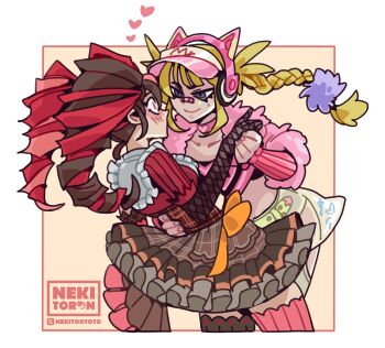 2girls absurdres animal_ears blonde_hair blue_eyes blush braid dress drill_hair frills gloves gothic_lolita hand_around_waist hat highres lace lace_gloves lolita_fashion long_hair low_twin_braids luna_snow magik_(x-men) marvel marvel_rivals multiple_girls nekitoron red_hair skirt smile twin_braids twin_drills yuri