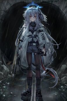 1girl alternate_costume azalea_(flower) belt belt_around_waist blue_archive blue_halo boots boulder commentary commission empty_eyes flower full_body gun hair_between_eyes halo head_wings highres holding holding_gun holding_mask holding_weapon jacket knee_pads lace-up_boots lace_trim latin_commentary long_hair long_sleeves maaki12 mask messy_hair pantyhose rain red_eyes rifle sad shirt shorts sig_mcx single_head_wing solo suzumi_(blue_archive) tunnel turtleneck turtleneck_shirt very_long_hair weapon wet white_flower white_hair white_jacket wings