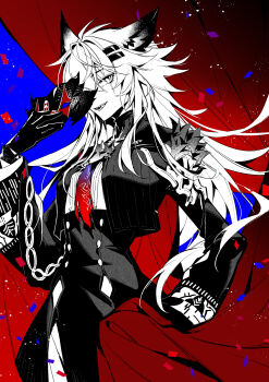 Rule 34 | 1girl, absurdres, animal ears, arknights, black gloves, black jacket, black skirt, bolo tie, chinese commentary, colored skin, commentary request, confetti, curtains, fy fei xiao ya, gloves, hair between eyes, hair ornament, hairclip, high-waist skirt, highres, holding, jacket, lappland (arknights), lappland the decadenza (arknights), light particles, light smile, long hair, long sleeves, looking at viewer, one eye covered, open mouth, scar, scar across eye, scar on face, skirt, solo, torn clothes, white eyes, white hair, white skin, wolf ears, wolf girl