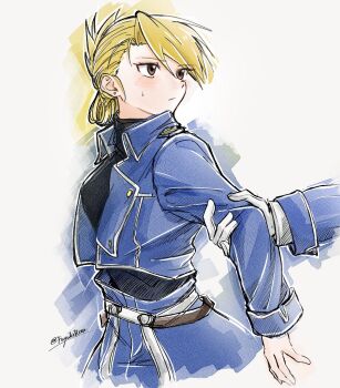 1boy 1girl black_shirt blonde_hair blue_jacket blue_pants breasts brown_eyes closed_mouth commentary cowboy_shot fullmetal_alchemist fuyukirita gloves hair_between_eyes highres holding_another's_arm jacket light_blush medium_breasts medium_hair military_jacket military_uniform pants riza_hawkeye roy_mustang shirt solo_focus sweatdrop swept_bangs symbol-only_commentary turtleneck twintails updo white_background white_gloves