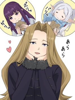 3girls blonde_hair blue_coat blue_eyes blue_scarf bread closed_eyes closed_mouth coat commentary_request earrings eating elf food fur-trimmed_coat fur-trimmed_collar fur_collar fur_trim highres jewelry long_hair mature_female methode_(sousou_no_frieren) multiple_girls omichi_1219 open_mouth pointy_ears purple_eyes scarf simple_background sousou_no_frieren teardrop_earrings twintails white_background white_coat