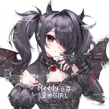 Rule 34 | 1girl, alternate costume, ame-chan (needy girl overdose), arm belt, black bow, black collar, black dress, black eyes, black hair, black nails, bow, breasts, closed mouth, collar, commission, demon horns, demon wings, detached collar, detached sleeves, dress, expressionless, fingernails, frilled shirt, frills, gem, hair ornament, hair over one eye, hair ribbon, hand up, hashtag-only commentary, heart-shaped gem, highres, horns, long fingernails, long hair, long sleeves, looking at viewer, multicolored nails, needy girl overdose, portrait, puffy detached sleeves, puffy sleeves, red gem, red nails, red ribbon, ribbon, sayaaatat, shirt, sidelocks, simple background, single hair intake, sleeves past wrists, small breasts, solo, too many watermarks, twintails, variant set, watermark, white background, wings, wrist belt, x hair ornament