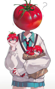 1girl ? absurdres amate_yuzuriha aqua_eyes aqua_hair aqua_shirt aqua_skirt bag black_necktie cardigan cellphone closed_mouth collarbone collared_shirt commentary fruit_head gundam gundam_gquuuuuux hair_between_eyes highres holding holding_bag holding_phone jitome long_sleeves multicolored_hair necktie p1up1u paper_bag phone pink_hair pleated_skirt red_necktie shirt simple_background skirt smartphone striped_necktie tomato tomato_head two-tone_hair two-tone_necktie what white_background white_cardigan