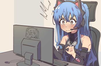 1girl ^^^ animal_ear_headphones animal_ears armpit_crease at_computer bare_shoulders black_hairband blue_hair blush brown_eyes cat_ear_headphones cat_ears chibi computer computer_keyboard detached_sleeves eiyuu_densetsu embarrassed fake_animal_ears hairband headphones headset index_finger_raised long_hair loose_hair_strand microphone monitor naisu_(nai_su01) pointing solo surprised sweater tio_plato turtleneck turtleneck_sweater wavy_mouth wide-eyed zero_no_kiseki