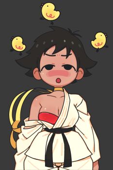 1girl 3d_rod! :o absurdres bandeau belt bird black_belt black_eyes black_hair blush bra breasts bruise choker cleavage collarbone commentary dark-skinned_female dark_skin dashed_eyes dazed dizzy dougi english_commentary highres injury karate_gi large_breasts looking_at_viewer loose_clothes makoto_(street_fighter) martial_arts_belt medium_breasts off_shoulder open_mouth pants red_bra red_sports_bra ribbon_choker saliva seeing_stars shaking_head shiny_skin short_hair simple_background single_bare_shoulder solo sports_bra strapless strapless_bra street_fighter sweat tan tomboy tongue tube_top underwear white_background white_pants wide-eyed yellow_choker