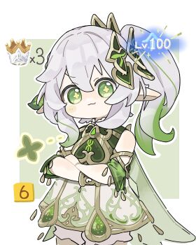 1girl absurdres bare_shoulders bloomers bracelet closed_mouth commentary_request cowboy_shot cross-shaped_pupils crossed_arms crown_of_insight detached_sleeves dress genshin_impact gold_trim green_eyes green_hair green_sleeves hair_between_eyes hair_ornament highres jewelry leaf_hair_ornament long_hair looking_at_viewer multicolored_hair nahida_(genshin_impact) pointy_ears side_ponytail sleeveless sleeveless_dress solo symbol-shaped_pupils ta93ura underwear white_bloomers white_dress white_hair