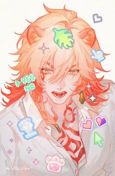 1girl animal_ears braid commentary cursor earrings heart highres honkai:_star_rail honkai_(series) jewelry krusier messy_hair mydei_(honkai:_star_rail) open_mouth pixel_art sharp_teeth shirt single_braid solo sparkle symbol-only_commentary teeth white_background white_shirt